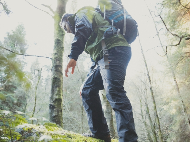 person hiking with products made with CORDURA® re/cor™ RPET